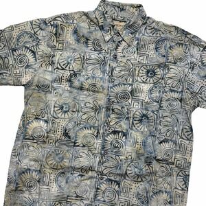 Johari West Batik Hawaiian Shirt Men's Large Blue 100% Cotton Short Sleeve Beach